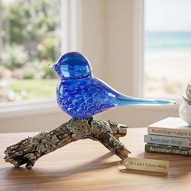 Blue Wren Hand Blown Glass Bird Statue Sculptrue - Australian Native Animal Glass Decor