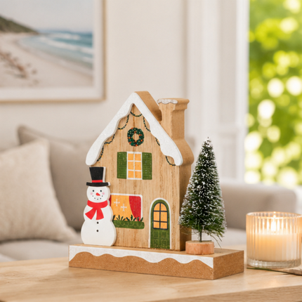 Wooden Christmas House Tabletop Decor With Snowman & Xmas Tree