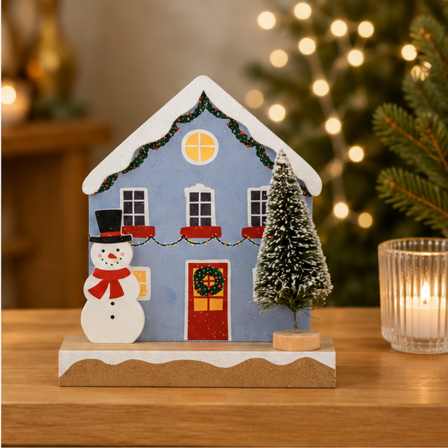 Wooden Christmas House Tabletop Decor With Snowman & Pine