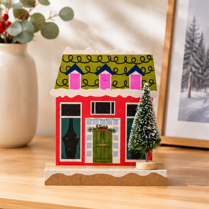 Wooden Christmas House Tabletop Decor With Wreath Door