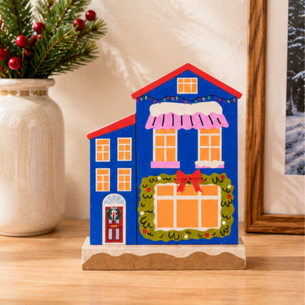 Wooden Christmas House Tabletop Decor With Green Garland