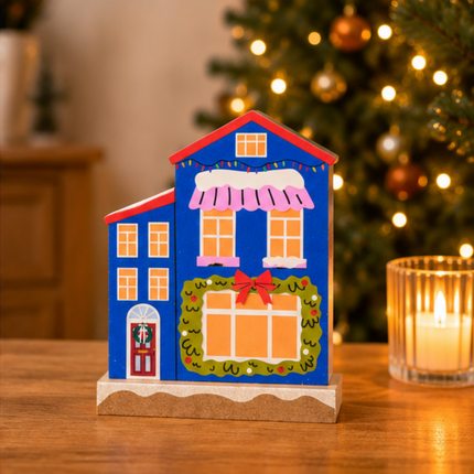 Wooden Christmas House Tabletop Decor With Green Garland