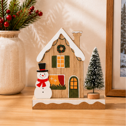 Wooden Christmas House Tabletop Decor With Snowman & Xmas Tree