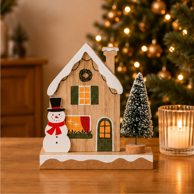 Wooden Christmas House Tabletop Decor With Snowman & Xmas Tree