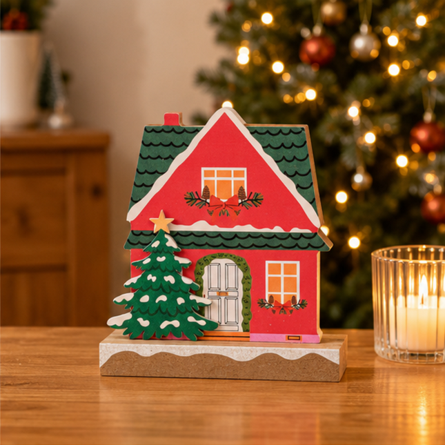 Wooden Christmas House Tabletop Decor With Layered Xmas Tree