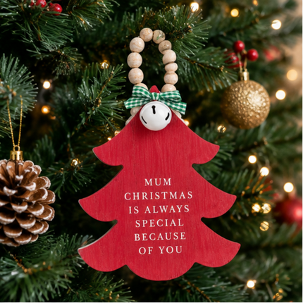 Red Wooden Christmas Tree Hanging Decor With Wood Beads & Bell - For mum