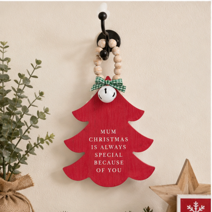 Red Wooden Christmas Tree Hanging Decor With Wood Beads & Bell - For mum