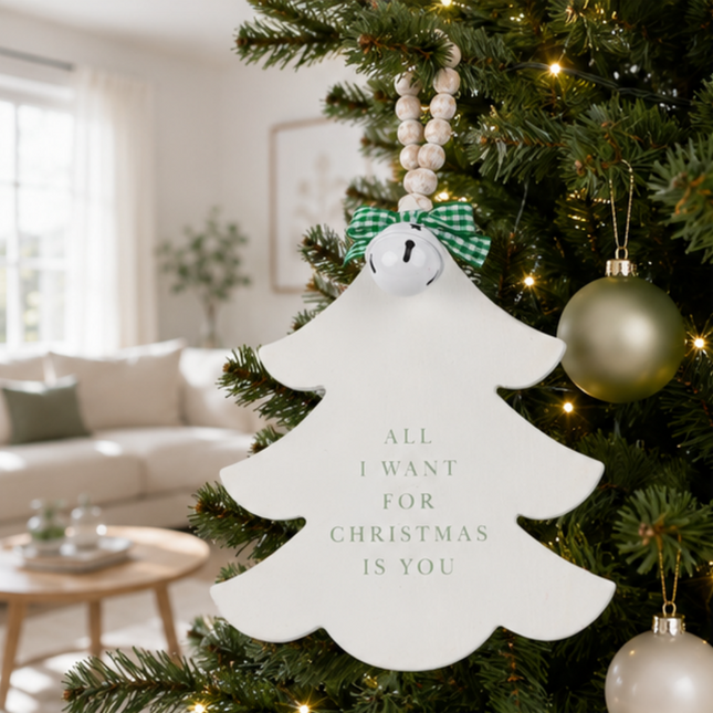 White Wooden Christmas Tree Hanging Decor With Wood Beads & Bell - For you