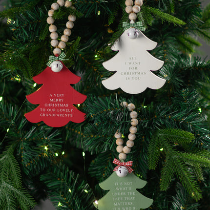 White Wooden Christmas Tree Hanging Decor With Wood Beads & Bell - For us