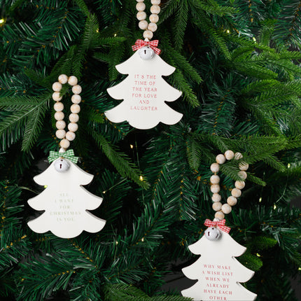 White Wooden Christmas Tree Hanging Decor With Wood Beads & Bell - For us