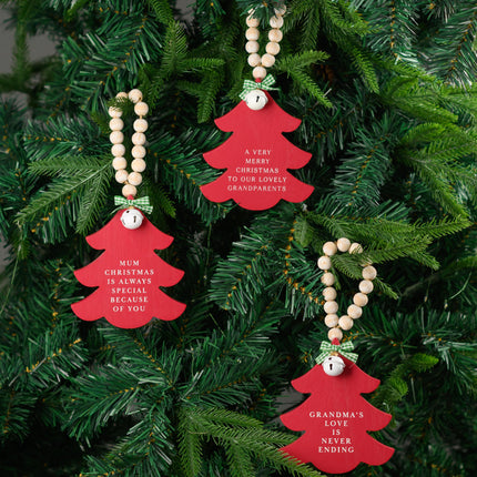 Red Wooden Christmas Tree Hanging Decor With Wood Beads & Bell - For grandparents