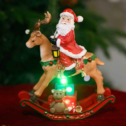 POLYRESIN SANTA ON DEER WITH LED LIGHT