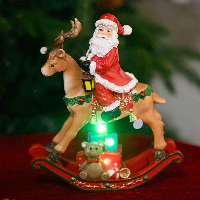 POLYRESIN SANTA ON DEER WITH LED LIGHT