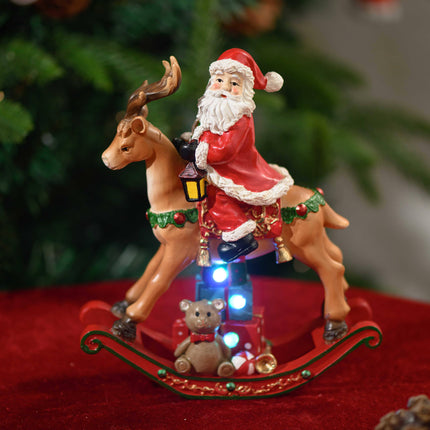 POLYRESIN SANTA ON DEER WITH LED LIGHT