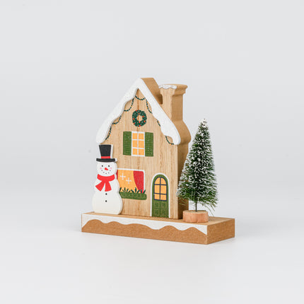Wooden Christmas House Tabletop Decor With Snowman & Xmas Tree