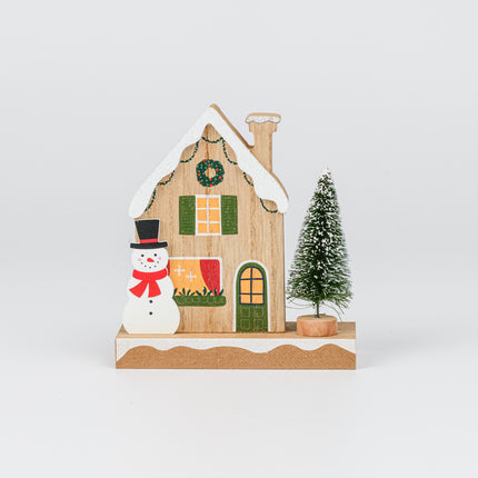 Wooden Christmas House Tabletop Decor With Snowman & Xmas Tree
