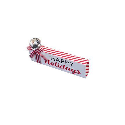 WOODEN CHRISTMAS TABLETOP SIGNS WITH BELL AND CANDY CANE STRIP BOWS