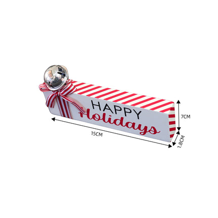 WOODEN CHRISTMAS TABLETOP SIGNS WITH BELL AND CANDY CANE STRIP BOWS