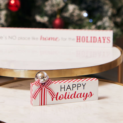 WOODEN CHRISTMAS TABLETOP SIGNS WITH BELL AND CANDY CANE STRIP BOWS