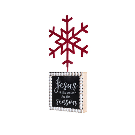 TABLETOP FIGURINE WITH TIN SNOWFLAK-JESUS IS THE REASON FOR SEASON