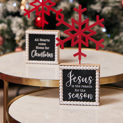 TABLETOP FIGURINE WITH TIN SNOWFLAK-JESUS IS THE REASON FOR SEASON