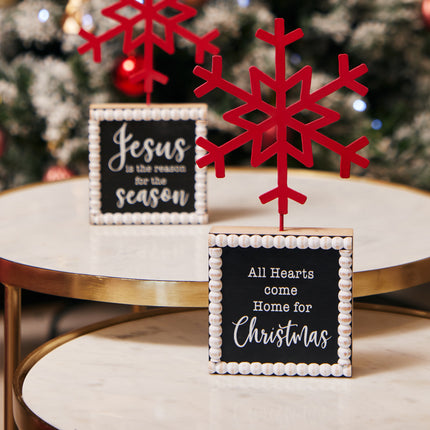 TABLETOP FIGURINE WITH TIN SNOWFLAK-ALL HEARS COME HOME FOR CHRISTMAS