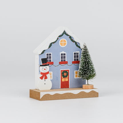 Wooden Christmas House Tabletop Decor With Snowman & Pine