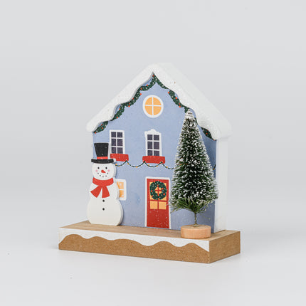 Wooden Christmas House Tabletop Decor With Snowman & Pine
