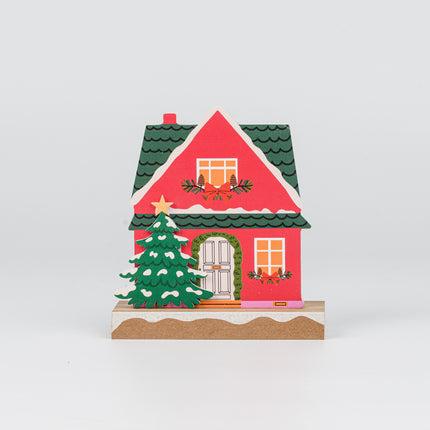 Wooden Christmas House Tabletop Decor With Layered Xmas Tree