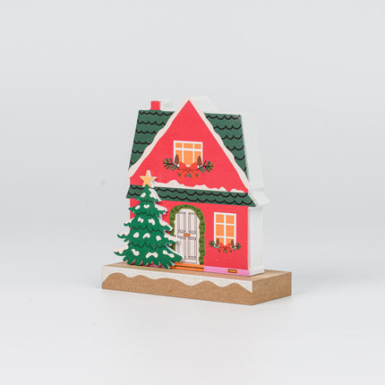 Wooden Christmas House Tabletop Decor With Layered Xmas Tree