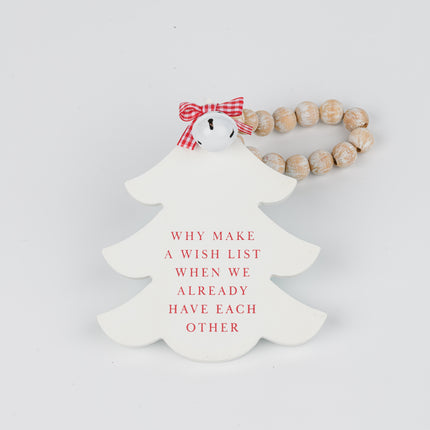 White Wooden Christmas Tree Hanging Decor With Wood Beads & Bell - For us