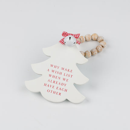 White Wooden Christmas Tree Hanging Decor With Wood Beads & Bell - For us