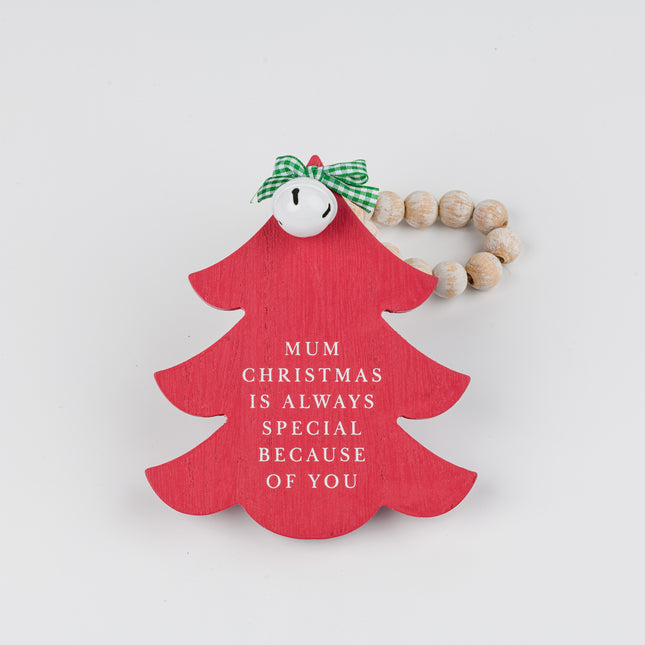 Red Wooden Christmas Tree Hanging Decor With Wood Beads & Bell - For mum