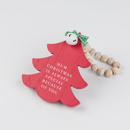 Red Wooden Christmas Tree Hanging Decor With Wood Beads & Bell - For mum