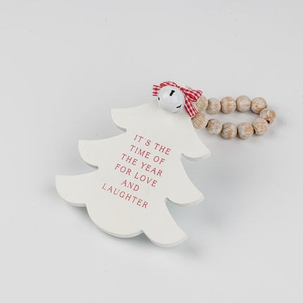 White Wooden Christmas Tree Hanging Decor With Wood Beads & Bell - Love