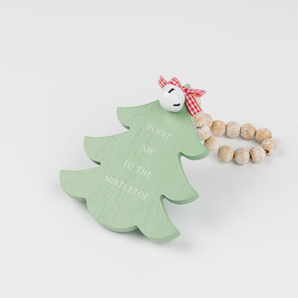 Green Wooden Christmas Tree Hanging Decor With Wood Beads & Bell - Point me to the milestone