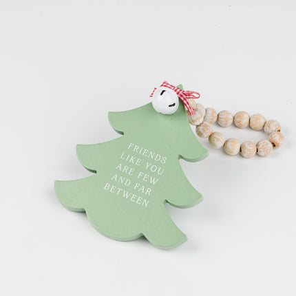 Green Wooden Christmas Tree Hanging Decor With Wood Beads & Bell - For friends
