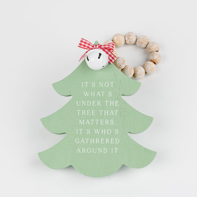 Green Wooden Christmas Tree Hanging Decor With Wood Beads & Bell - For family