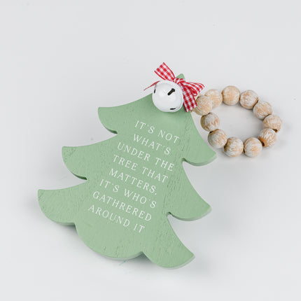 Green Wooden Christmas Tree Hanging Decor With Wood Beads & Bell - For family